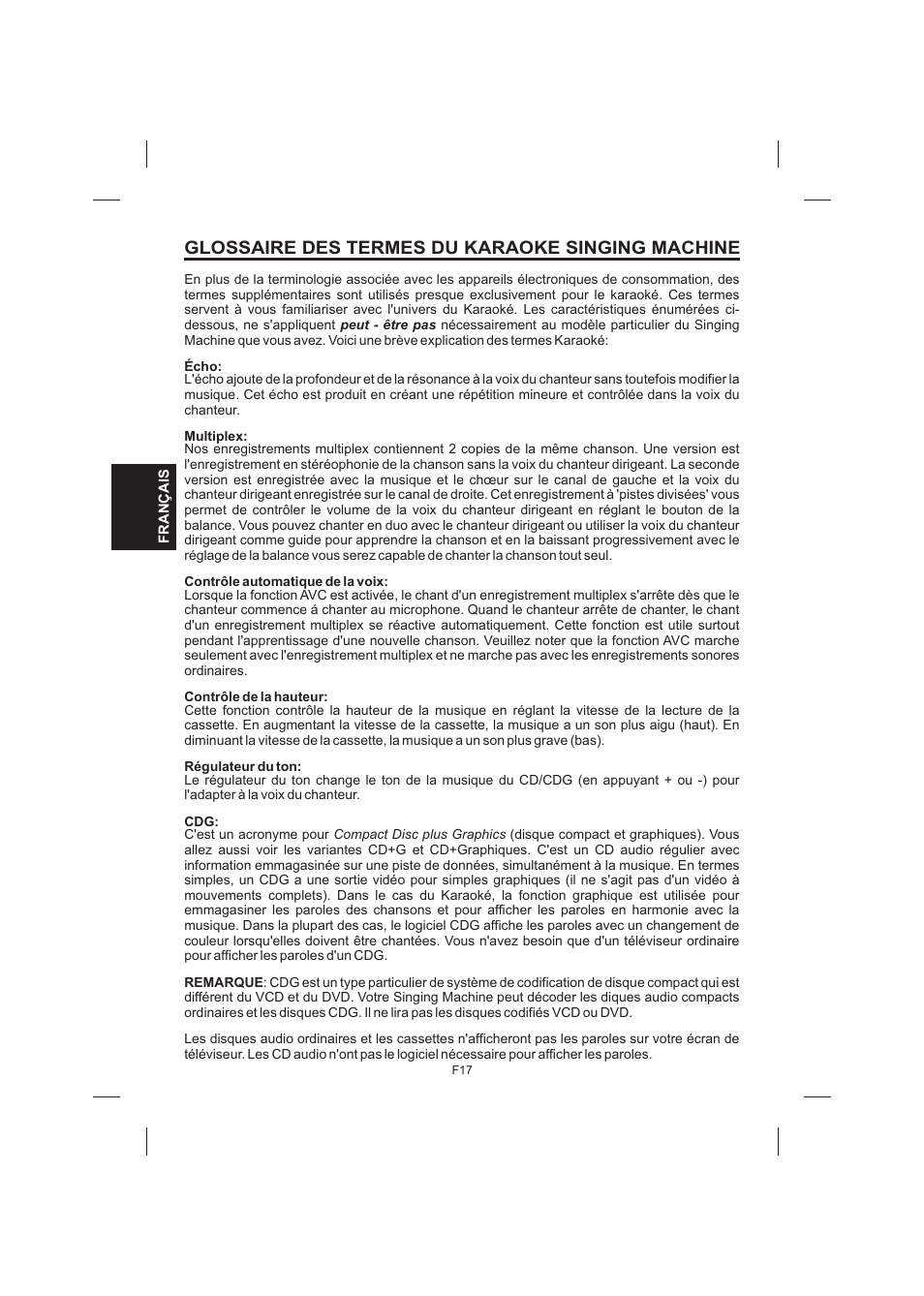 Glossaire des termes du karaoke singing machine | The Singing Machine STVG-520 User Manual | Page 54 / 56