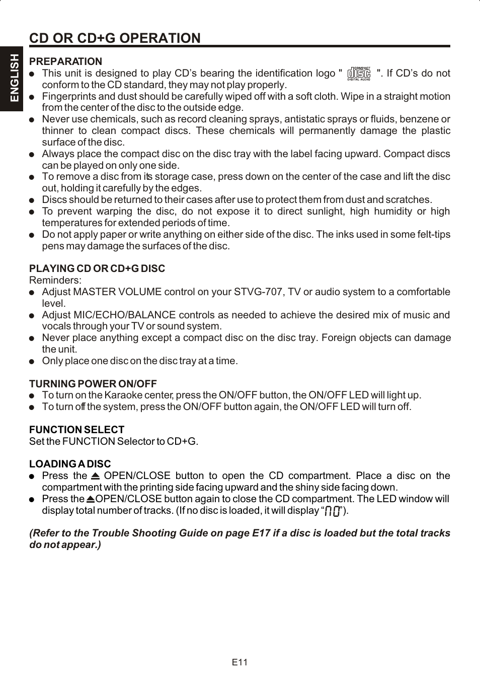 Cd or cd+g operation | The Singing Machine STVG-707 User Manual | Page 12 / 24