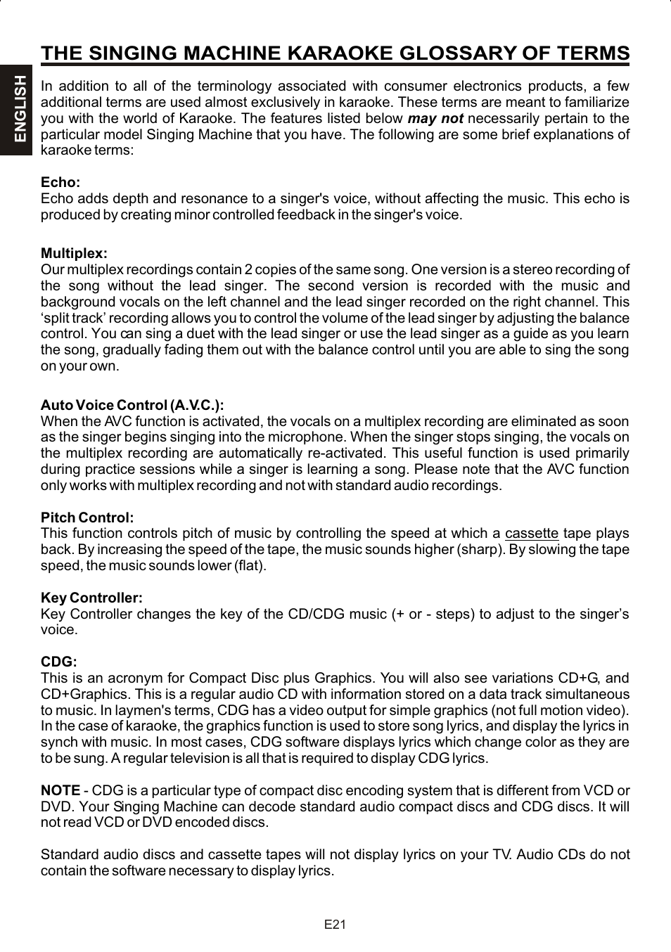 The singing machine karaoke glossary of terms | The Singing Machine STVG-707 User Manual | Page 22 / 24