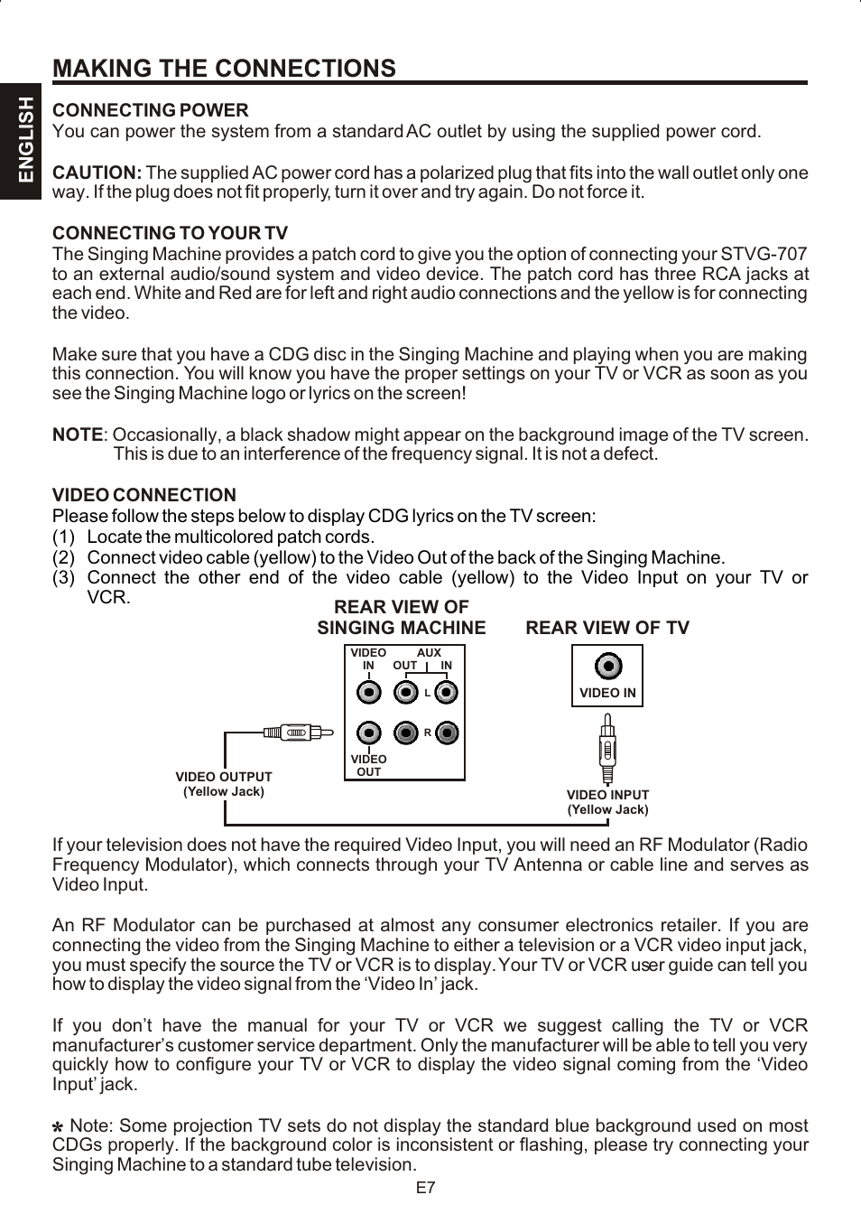 Making the connections, English | The Singing Machine STVG-707 User Manual | Page 8 / 24