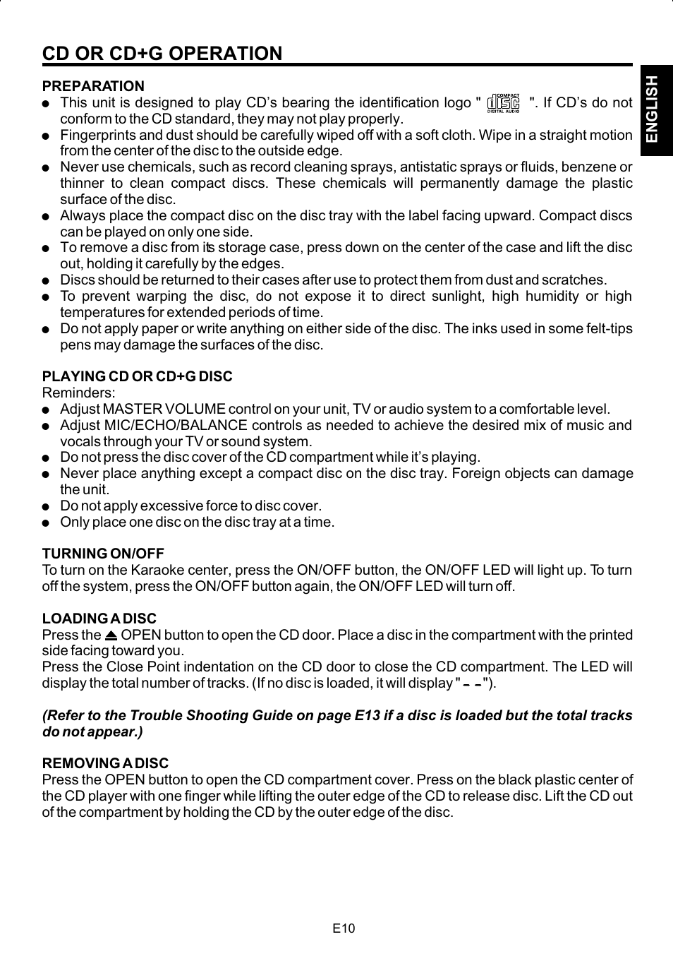 Cd or cd+g operation | The Singing Machine SMG-180 User Manual | Page 11 / 20