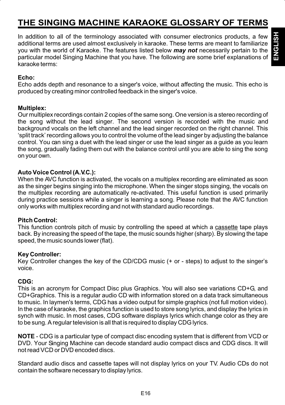 The singing machine karaoke glossary of terms | The Singing Machine SMG-180 User Manual | Page 17 / 20