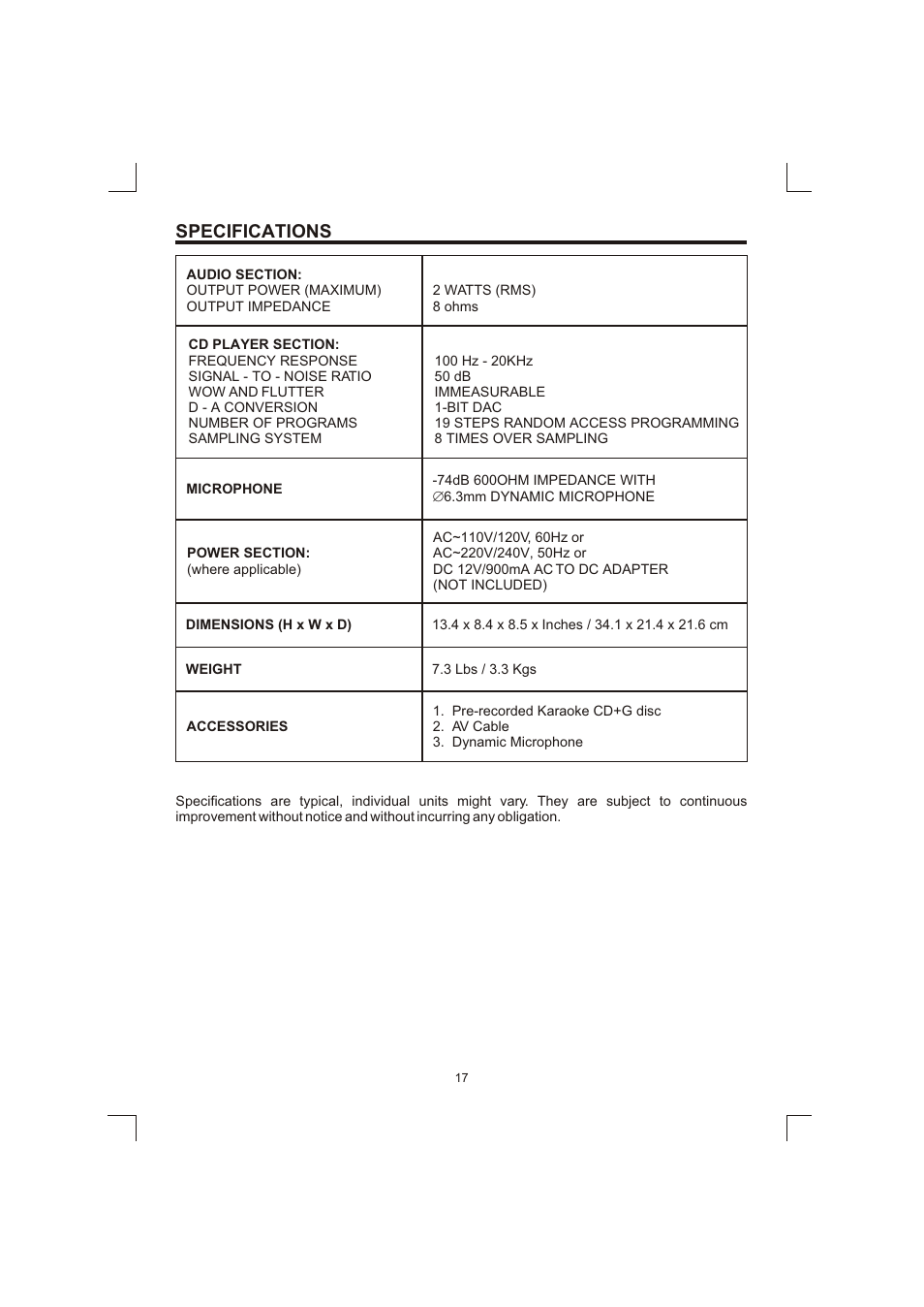 Specifications | The Singing Machine SMG-138 User Manual | Page 18 / 20