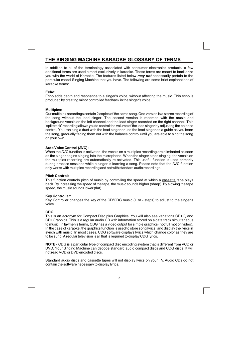 The singing machine karaoke glossary of terms | The Singing Machine SMG-138 User Manual | Page 6 / 20