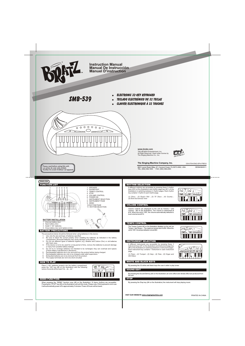 The Singing Machine Electronic 32-Key Keyboard SMB-539 User Manual | 2 pages