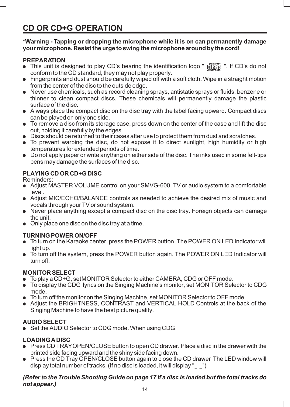 Cd or cd+g operation | The Singing Machine SMVG-600 User Manual | Page 15 / 24