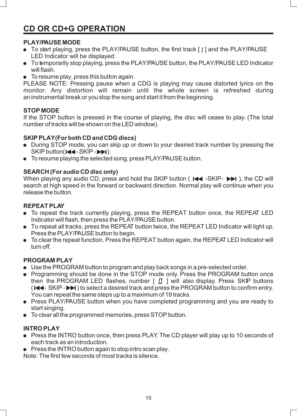 Cd or cd+g operation | The Singing Machine SMVG-600 User Manual | Page 16 / 24