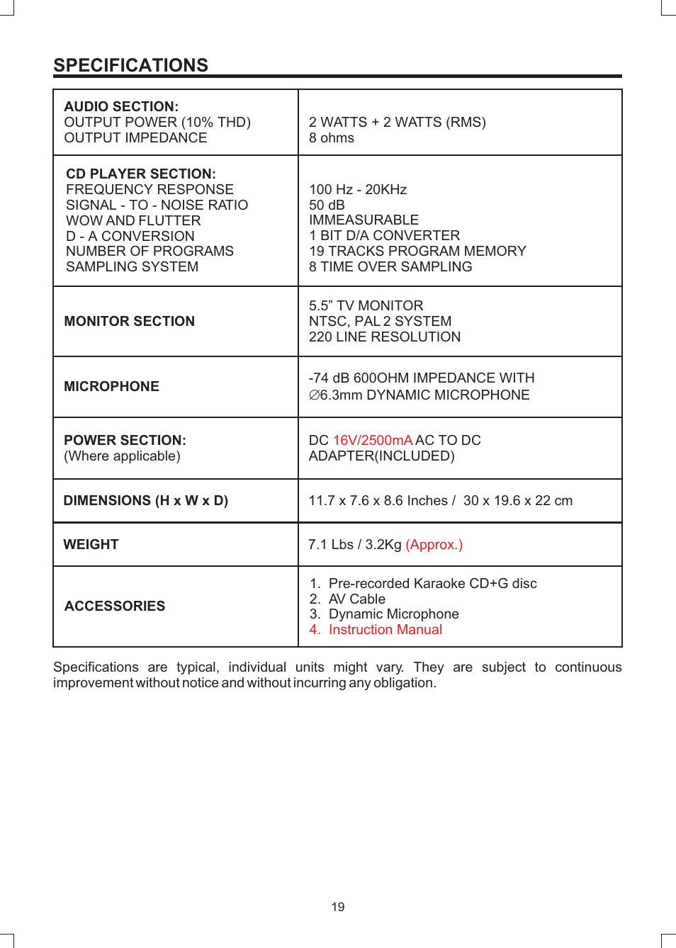 Specifications | The Singing Machine SMVG-600 User Manual | Page 20 / 24