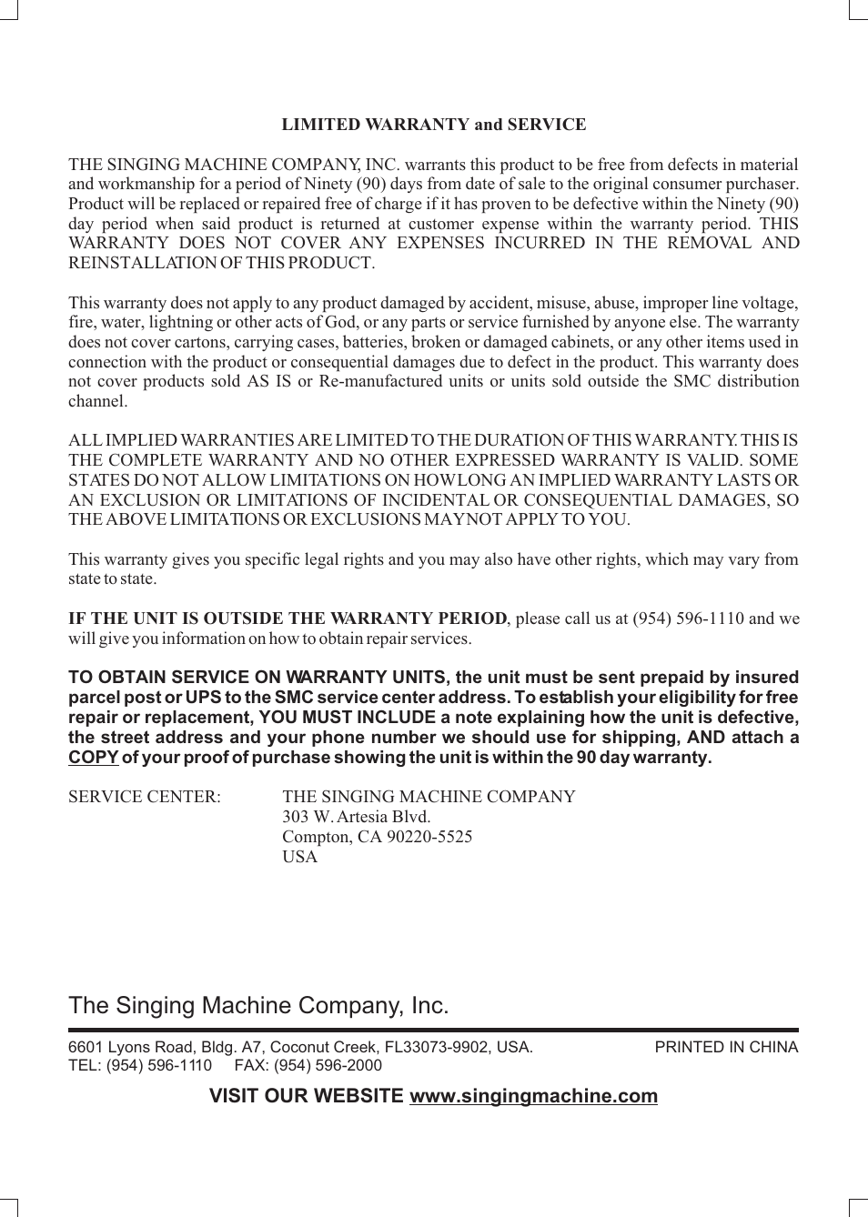 The singing machine company, inc | The Singing Machine SMVG-600 User Manual | Page 24 / 24