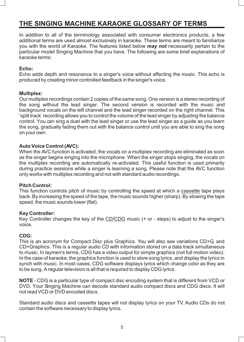 The singing machine karaoke glossary of terms | The Singing Machine SMVG-600 User Manual | Page 6 / 24