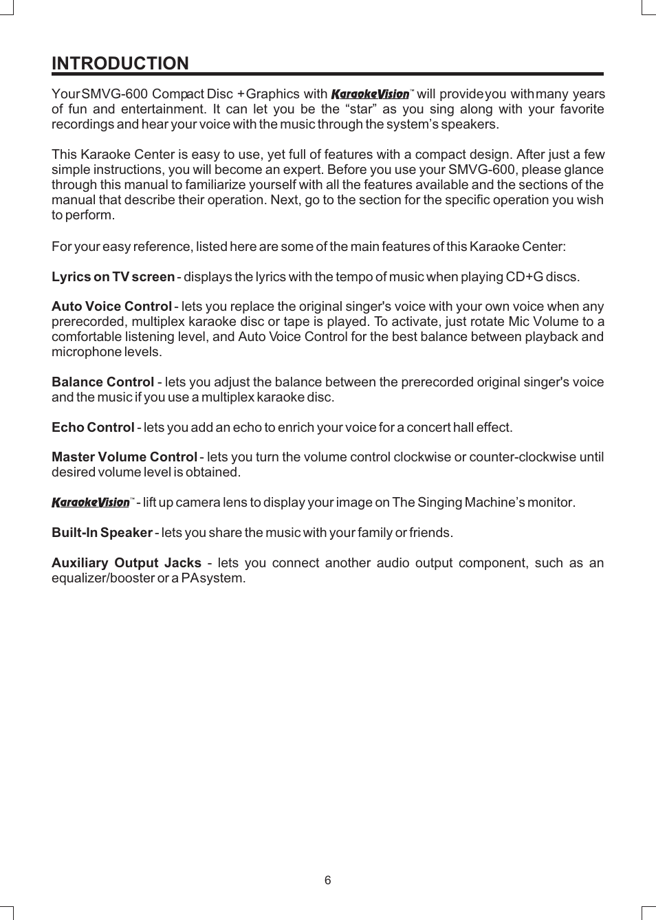 Introduction | The Singing Machine SMVG-600 User Manual | Page 7 / 24