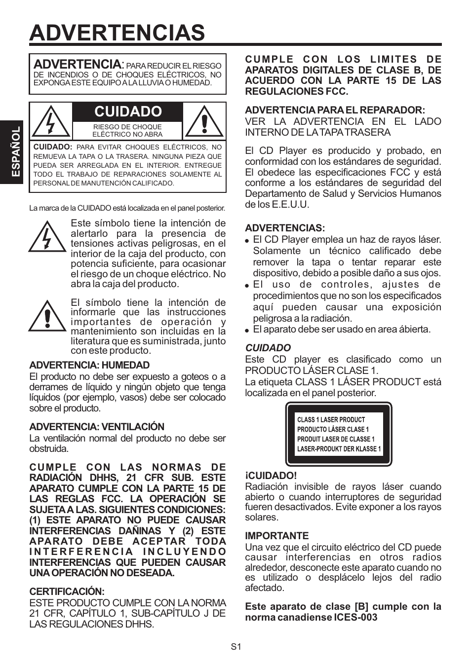Advertencias, Cuidado, Advertencia | The Singing Machine BRATZ SMB-664 User Manual | Page 20 / 56