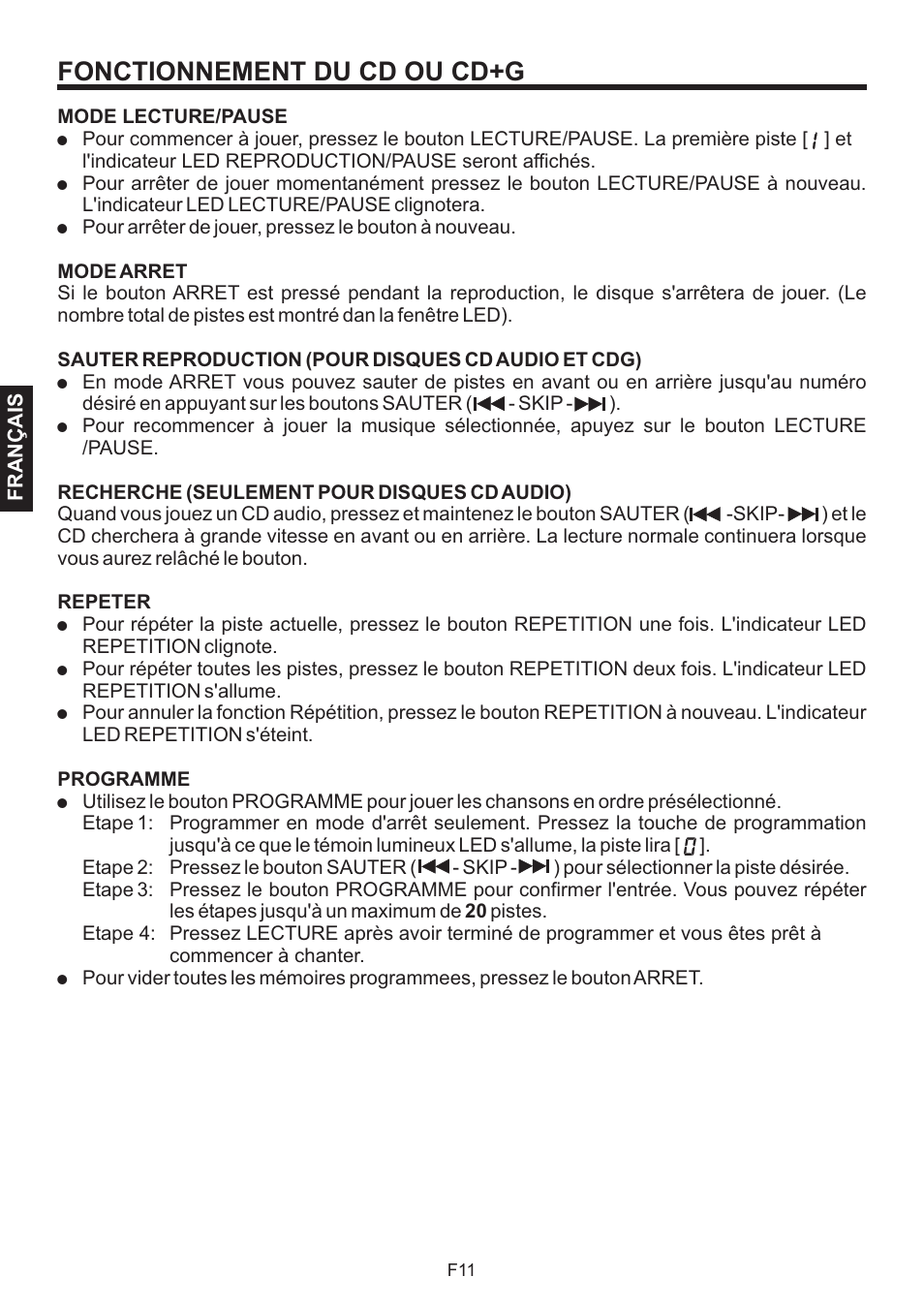 Fonctionnement du cd ou cd+g | The Singing Machine BRATZ SMB-664 User Manual | Page 48 / 56