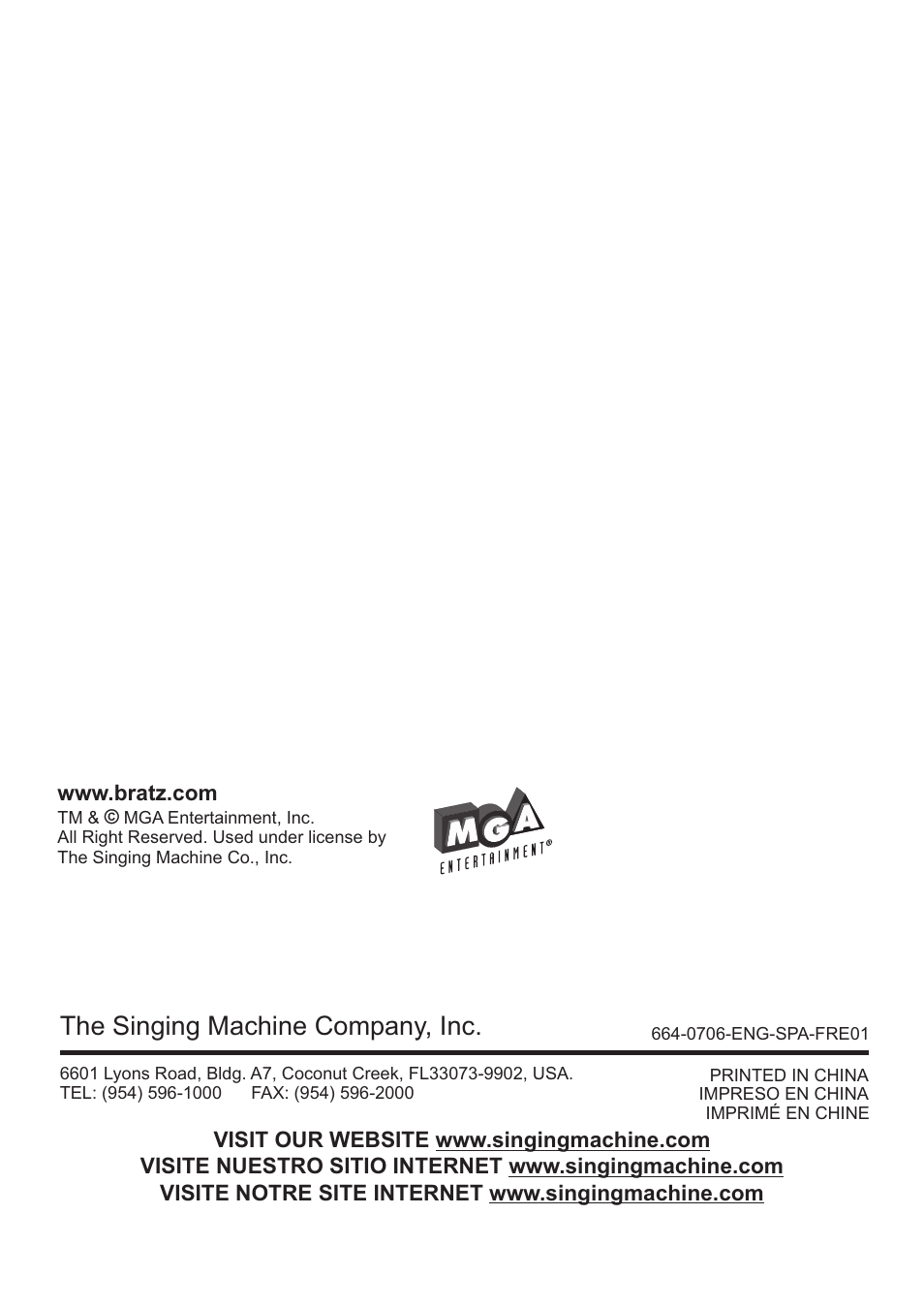 The singing machine company, inc | The Singing Machine BRATZ SMB-664 User Manual | Page 56 / 56