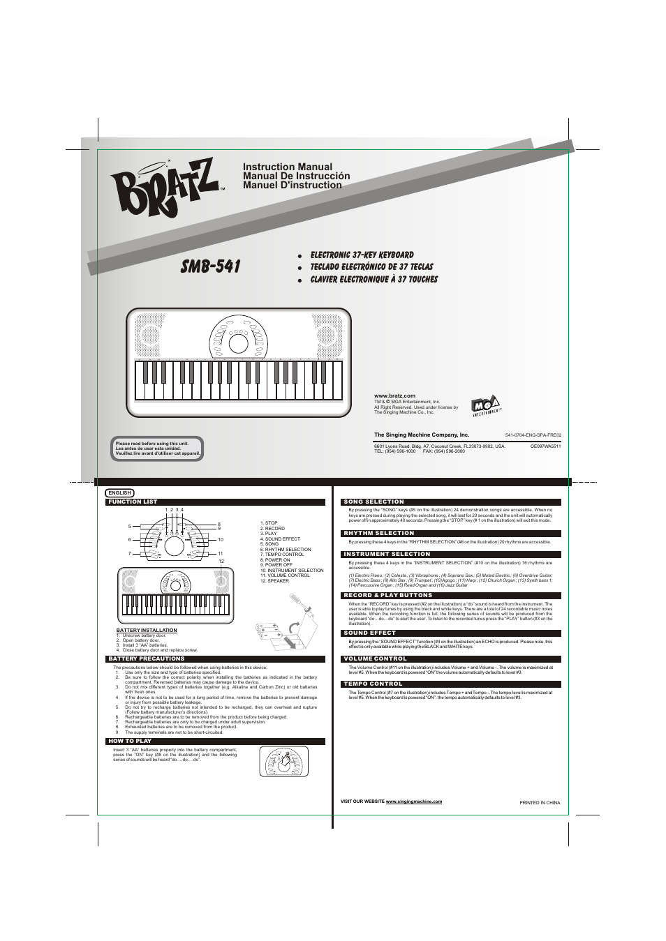 The Singing Machine Electronic 37-Key Keyboard SMB-541 User Manual | 2 pages