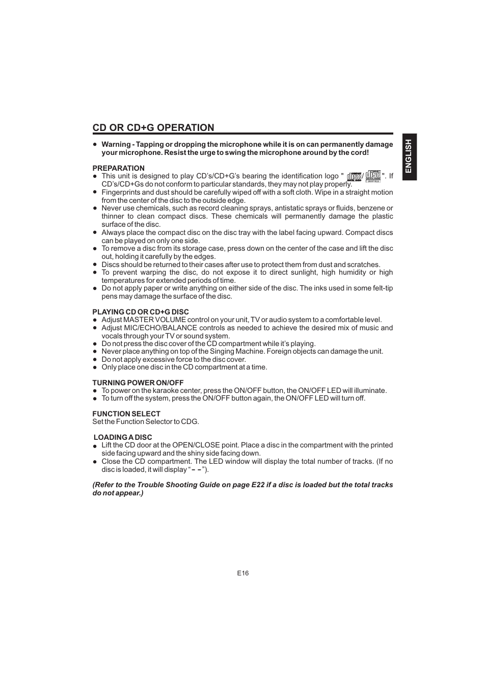 Cd or cd+g operation | The Singing Machine Pedestal CDG Karaoke System iSM-1010 User Manual | Page 17 / 80