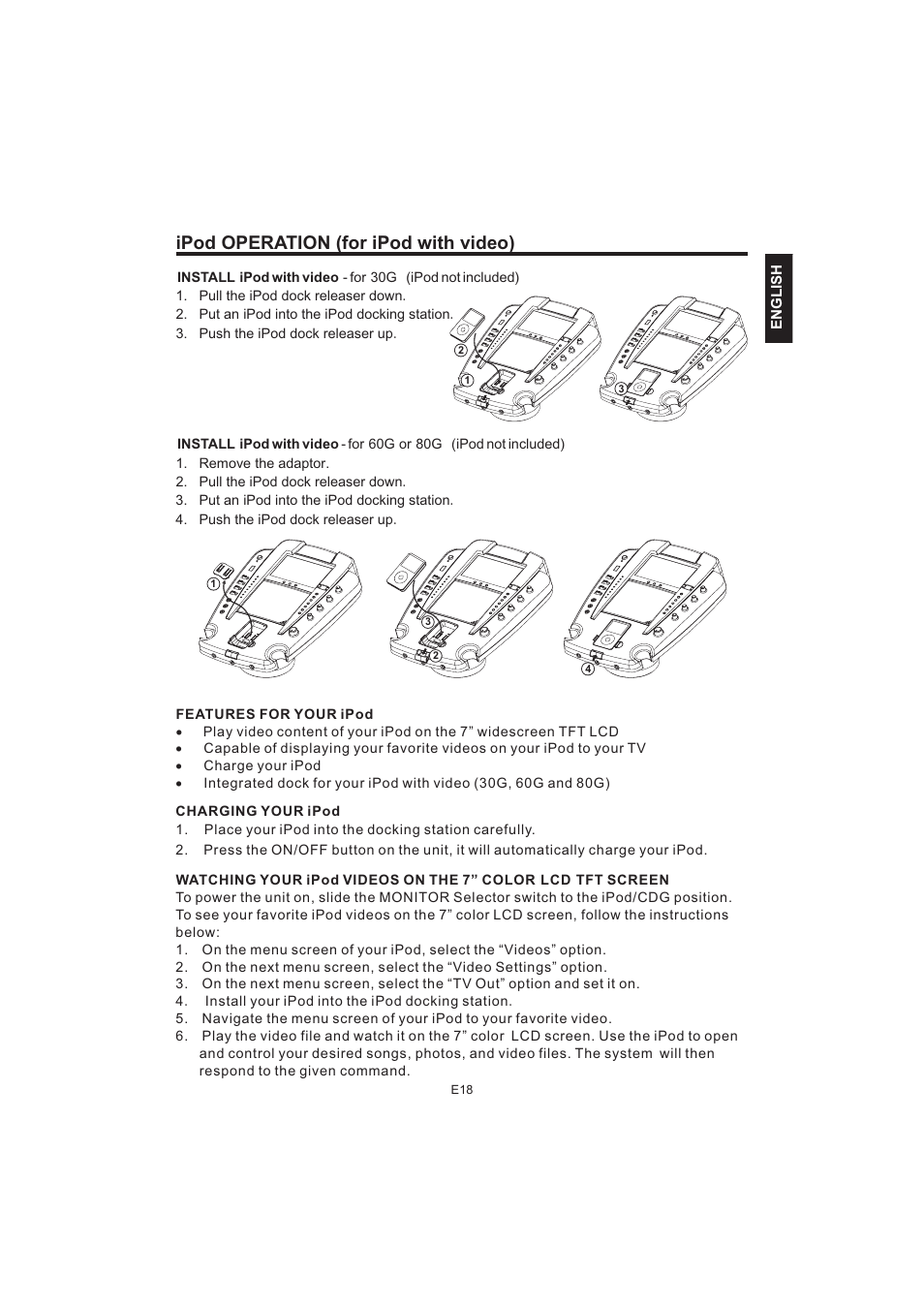 Ipod operation (for ipod with video) | The Singing Machine Pedestal CDG Karaoke System iSM-1010 User Manual | Page 19 / 80