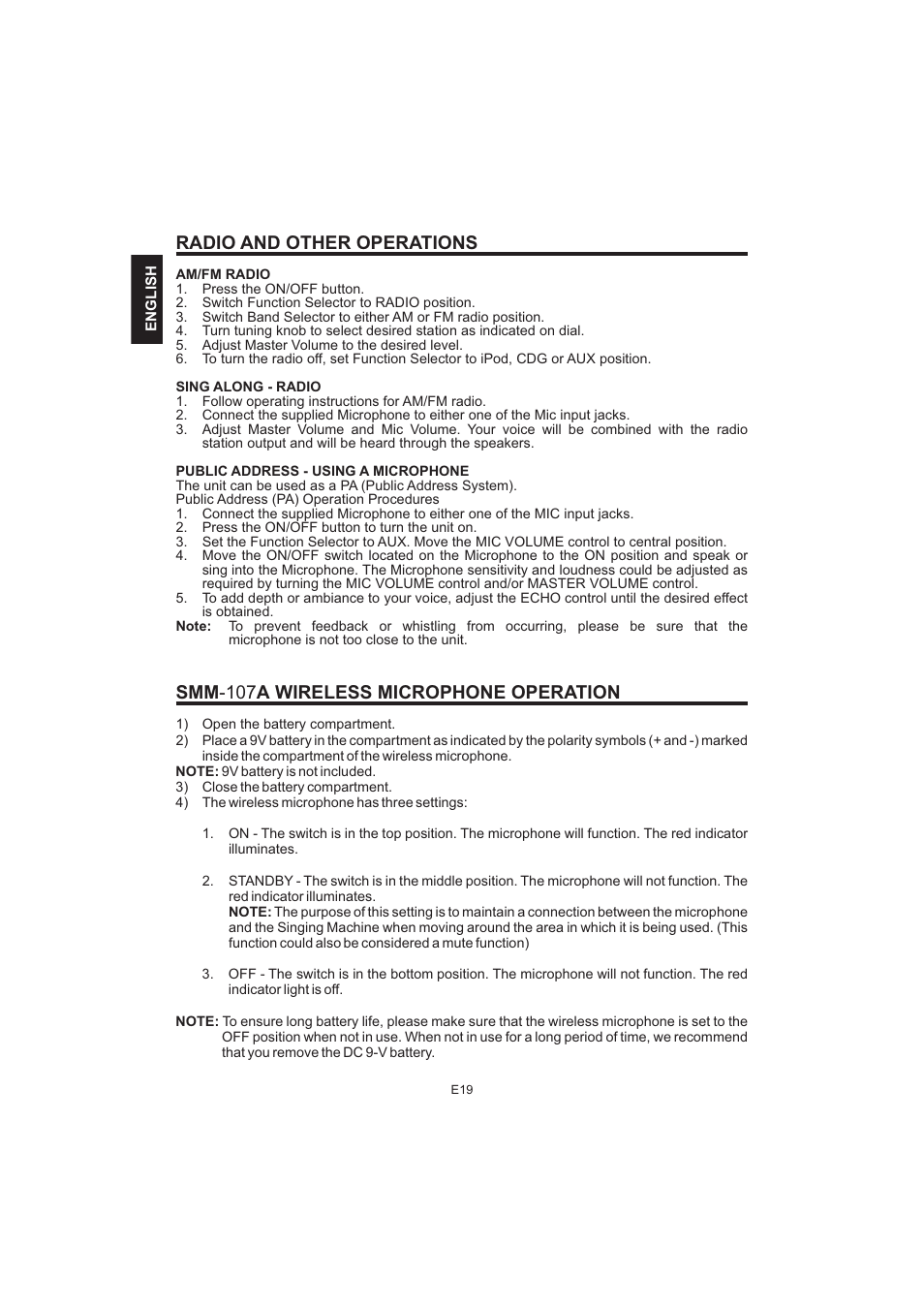 Radio and other operations, Smm -107 a wireless microphone operation | The Singing Machine Pedestal CDG Karaoke System iSM-1010 User Manual | Page 20 / 80
