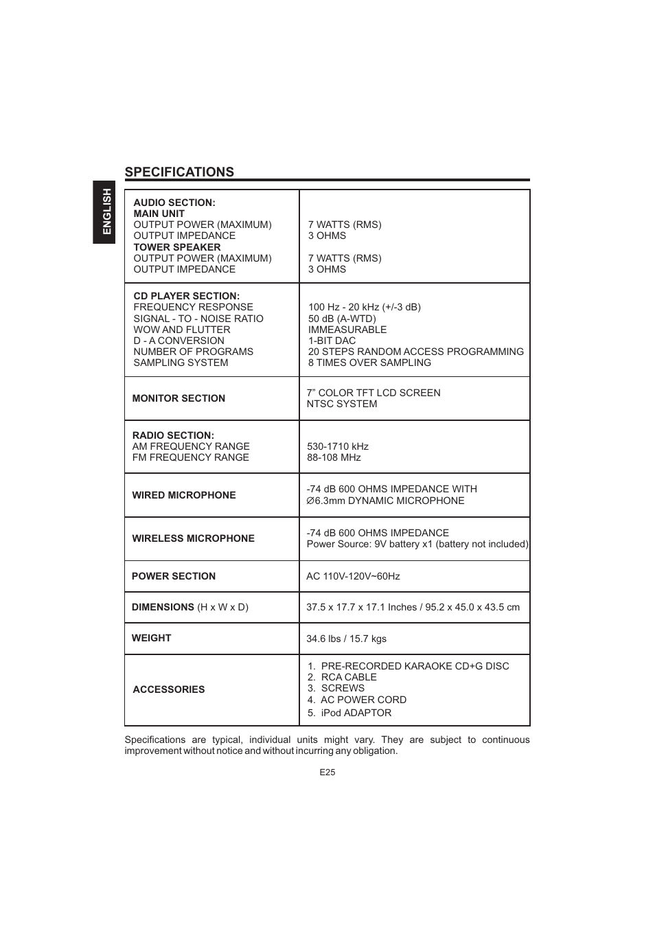 Specifications | The Singing Machine Pedestal CDG Karaoke System iSM-1010 User Manual | Page 26 / 80