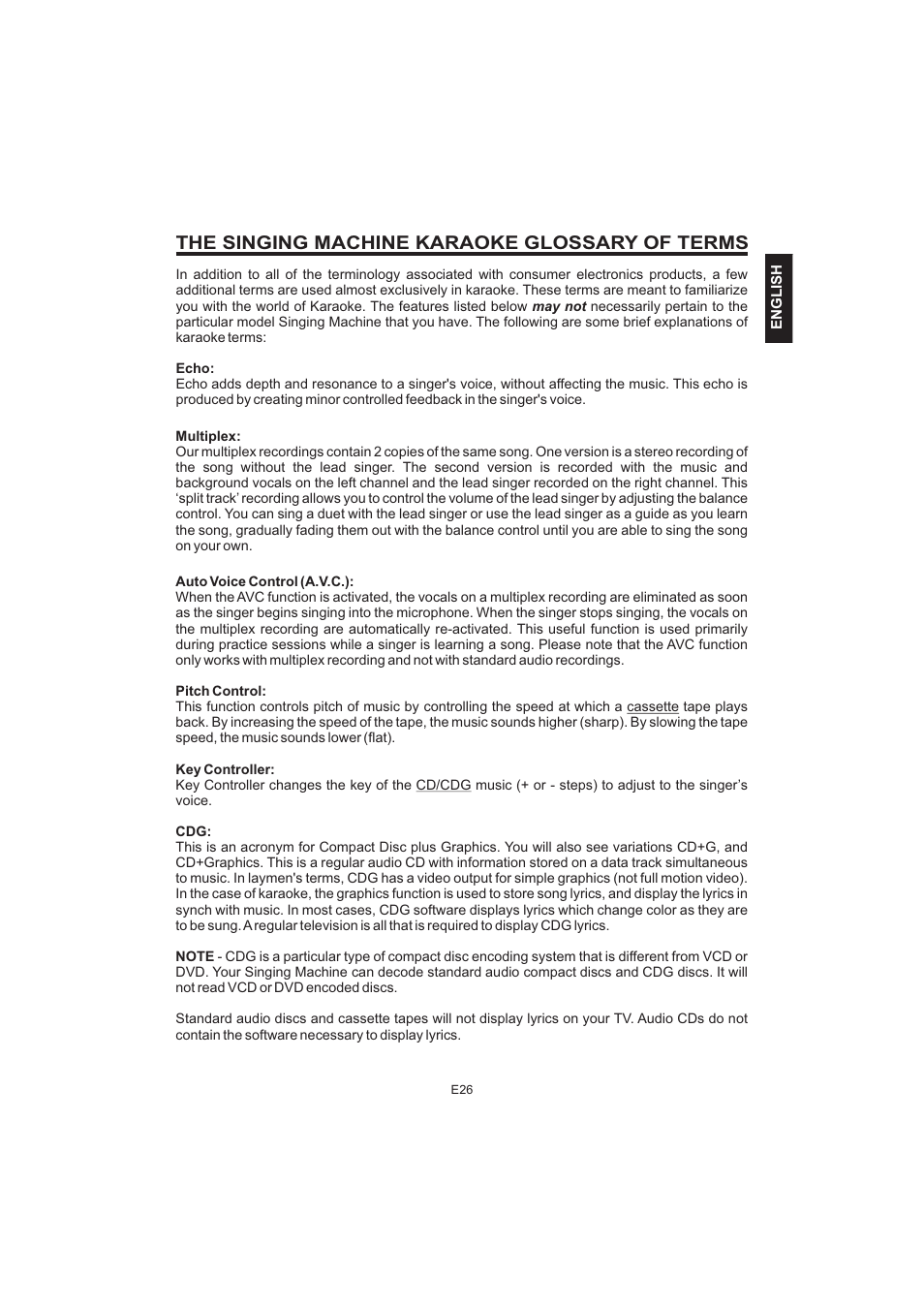 The singing machine karaoke glossary of terms | The Singing Machine Pedestal CDG Karaoke System iSM-1010 User Manual | Page 27 / 80