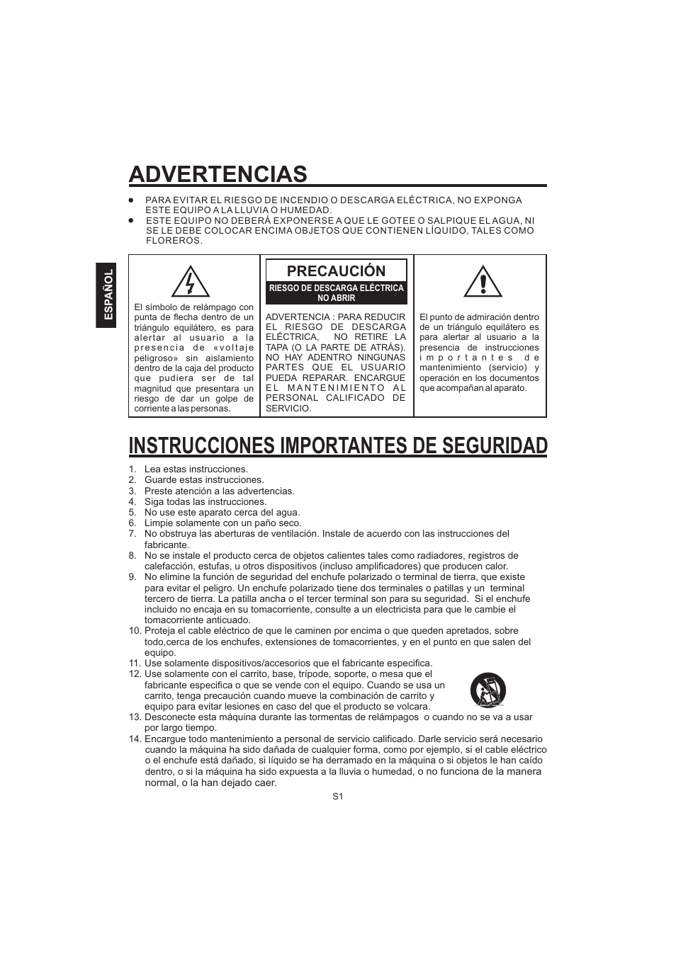 Advertencias, Instrucciones importantes de seguridad, Precaución | The Singing Machine Pedestal CDG Karaoke System iSM-1010 User Manual | Page 28 / 80