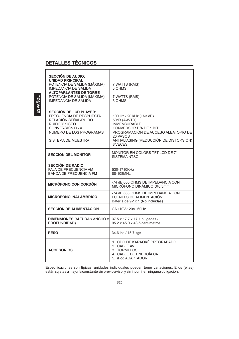 Detalles técnicos | The Singing Machine Pedestal CDG Karaoke System iSM-1010 User Manual | Page 52 / 80