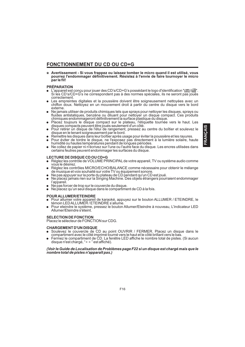 Fonctionnement du cd ou cd+g d | The Singing Machine Pedestal CDG Karaoke System iSM-1010 User Manual | Page 69 / 80