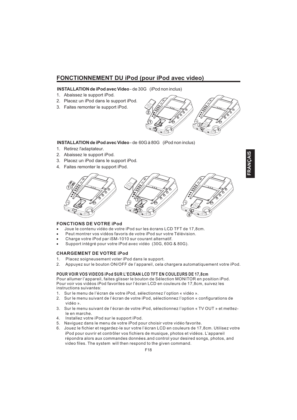 Fonctionnement du ipod (pour ipod avec video) | The Singing Machine Pedestal CDG Karaoke System iSM-1010 User Manual | Page 71 / 80