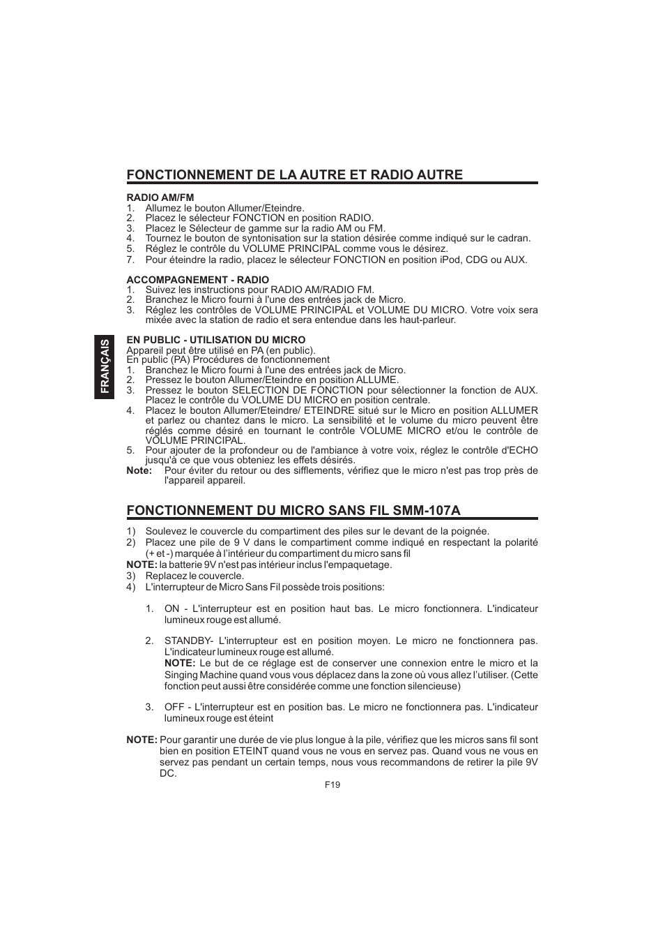 Fonctionnement de la autre et radio autre, Fonctionnement du micro sans fil smm-107a | The Singing Machine Pedestal CDG Karaoke System iSM-1010 User Manual | Page 72 / 80