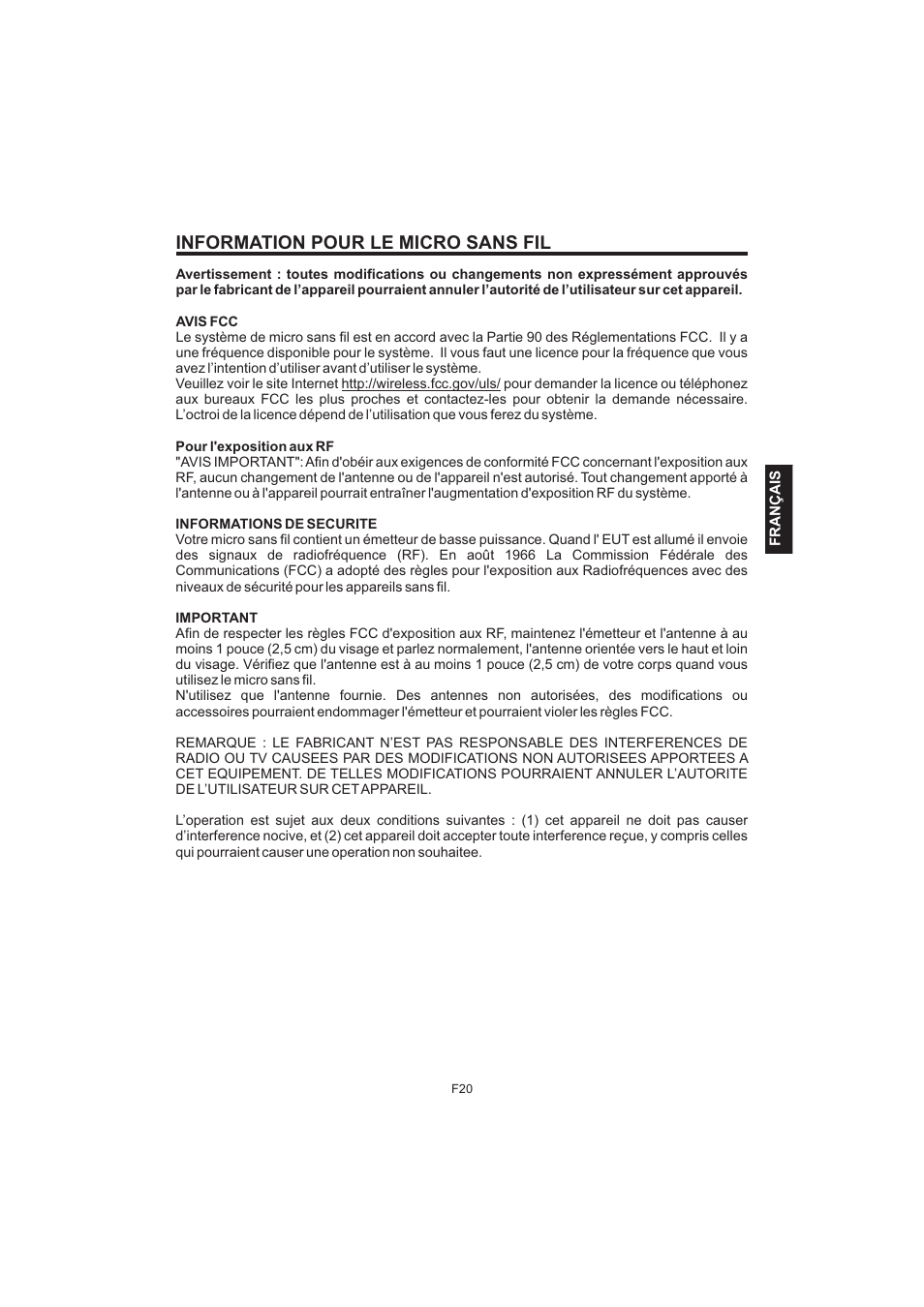 Information pour le micro sans fil | The Singing Machine Pedestal CDG Karaoke System iSM-1010 User Manual | Page 73 / 80