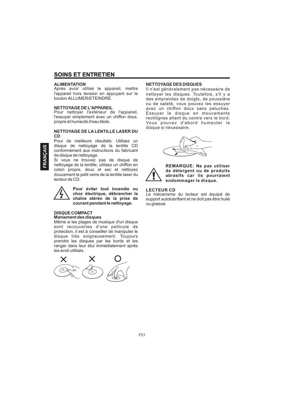 Soins et entretien | The Singing Machine Pedestal CDG Karaoke System iSM-1010 User Manual | Page 74 / 80