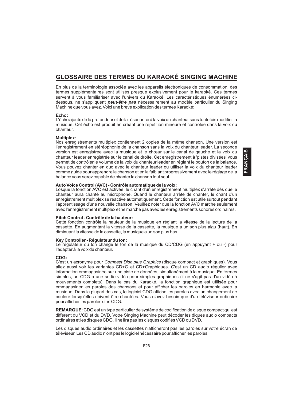 Glossaire des termes du karaoké singing machine | The Singing Machine Pedestal CDG Karaoke System iSM-1010 User Manual | Page 79 / 80