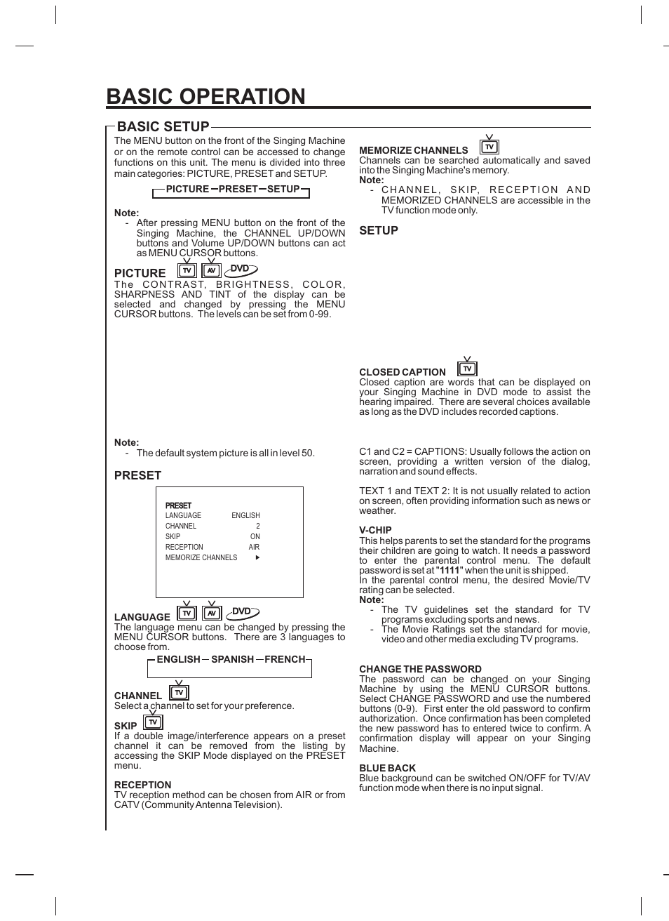 Basic operation, Basic setup | The Singing Machine STVD-919 User Manual | Page 17 / 32
