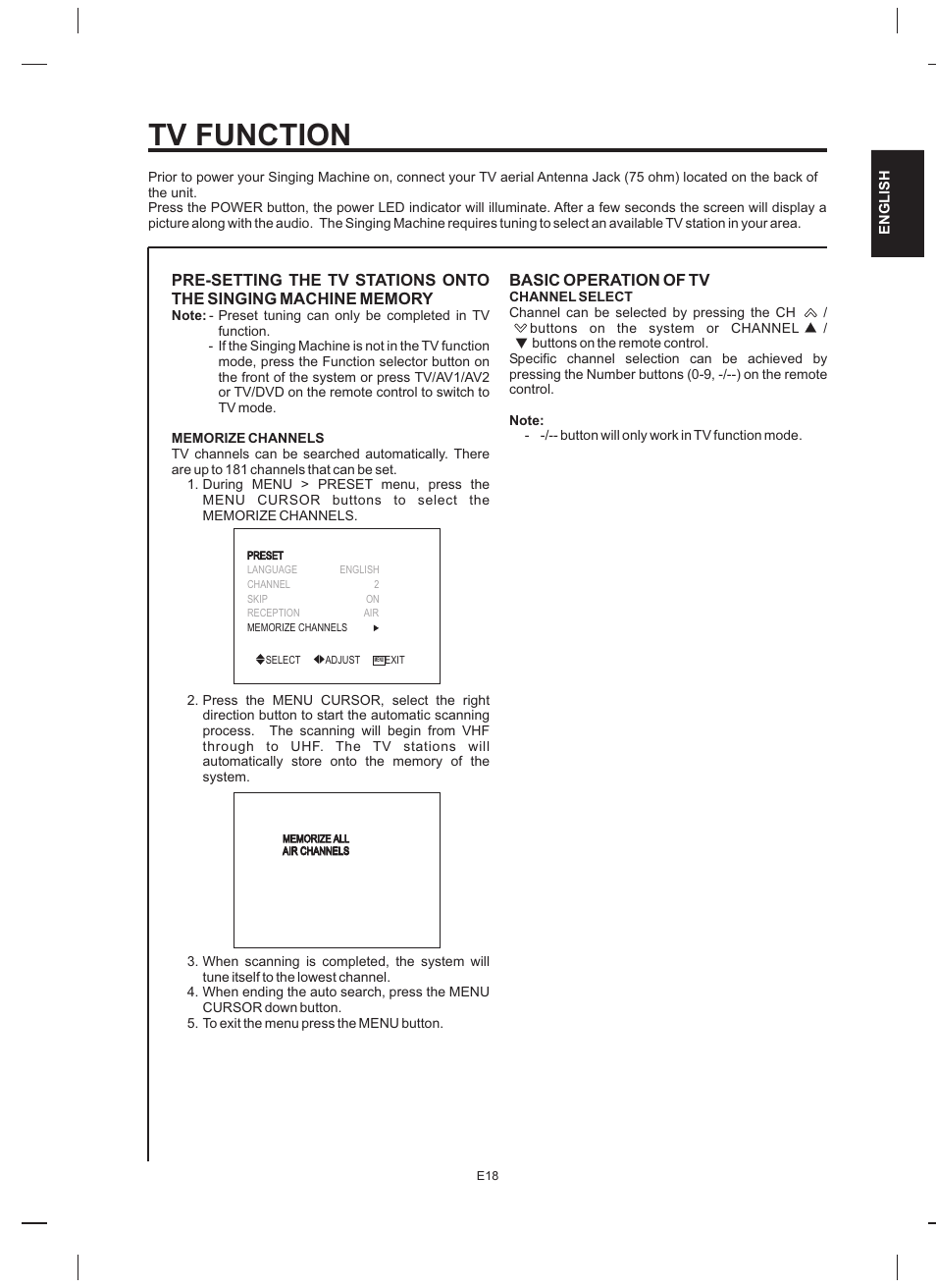 Tv function | The Singing Machine STVD-919 User Manual | Page 19 / 32