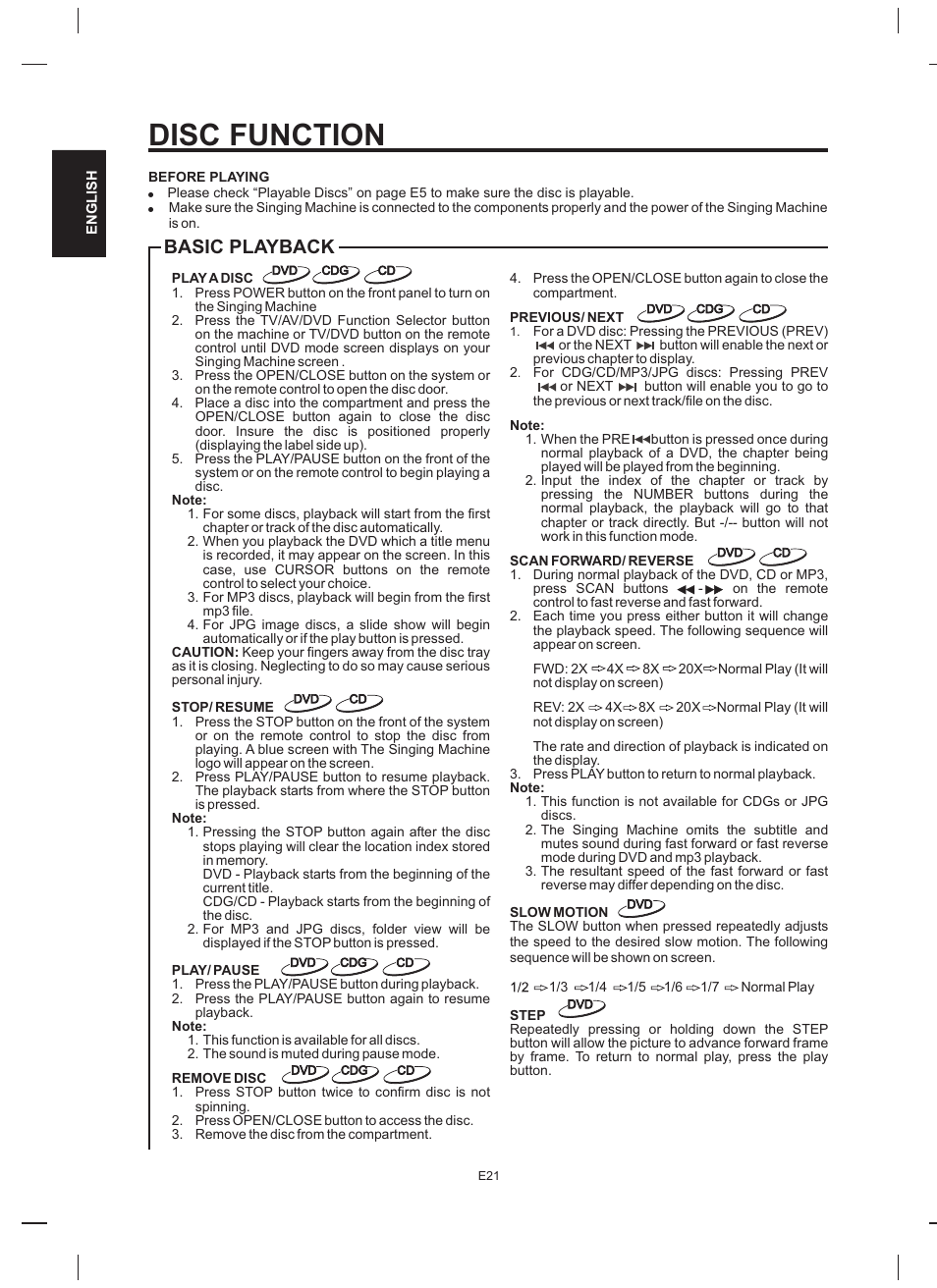 Disc function, Basic playback | The Singing Machine STVD-919 User Manual | Page 22 / 32