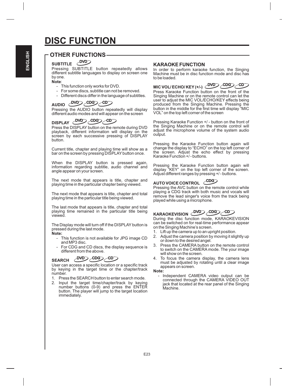 Disc function, Other functions | The Singing Machine STVD-919 User Manual | Page 24 / 32