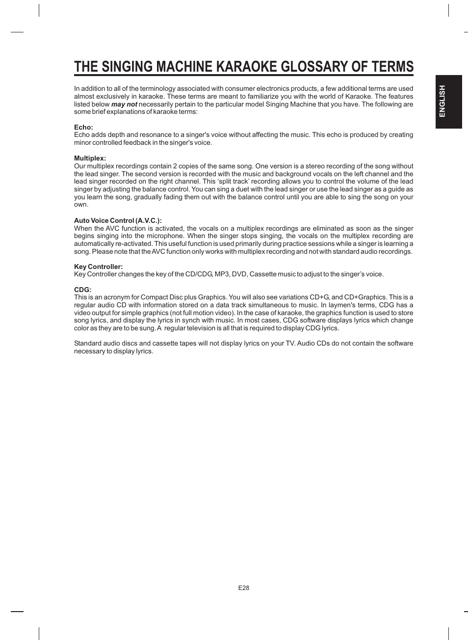 The singing machine karaoke glossary of terms | The Singing Machine STVD-919 User Manual | Page 29 / 32