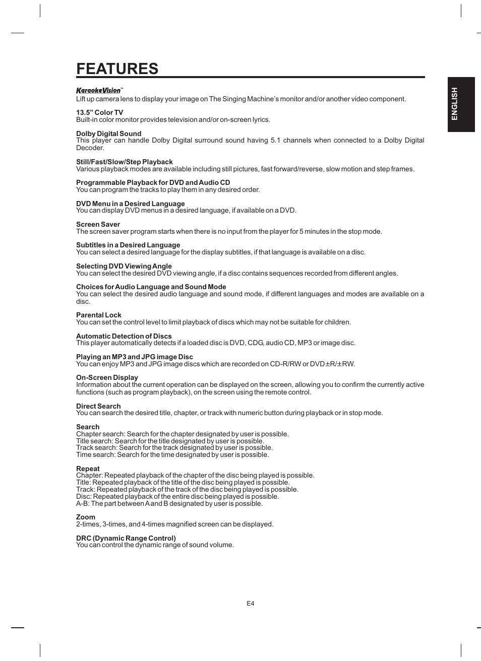 Features | The Singing Machine STVD-919 User Manual | Page 5 / 32