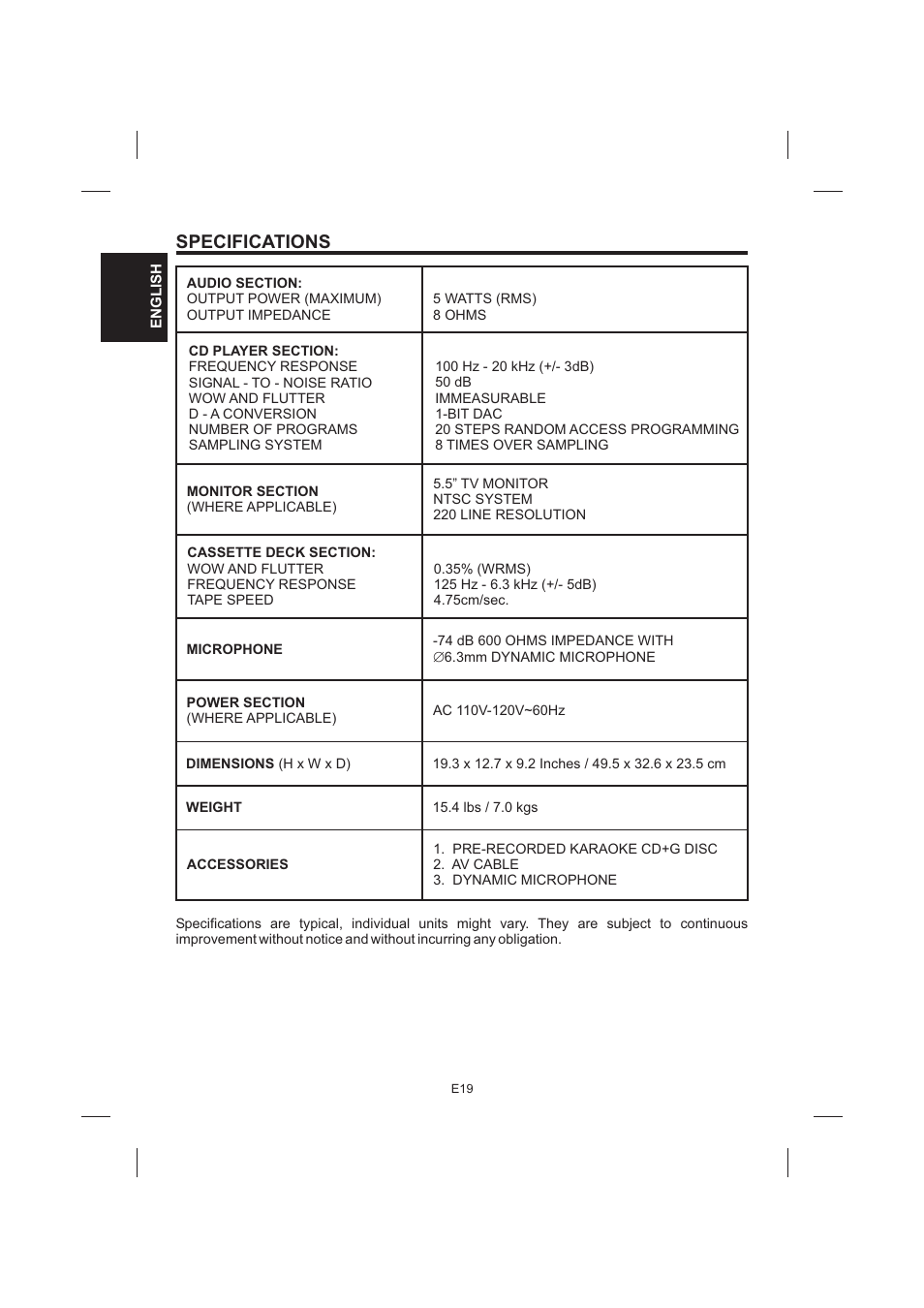 Specifications | The Singing Machine STVG-535 User Manual | Page 20 / 64