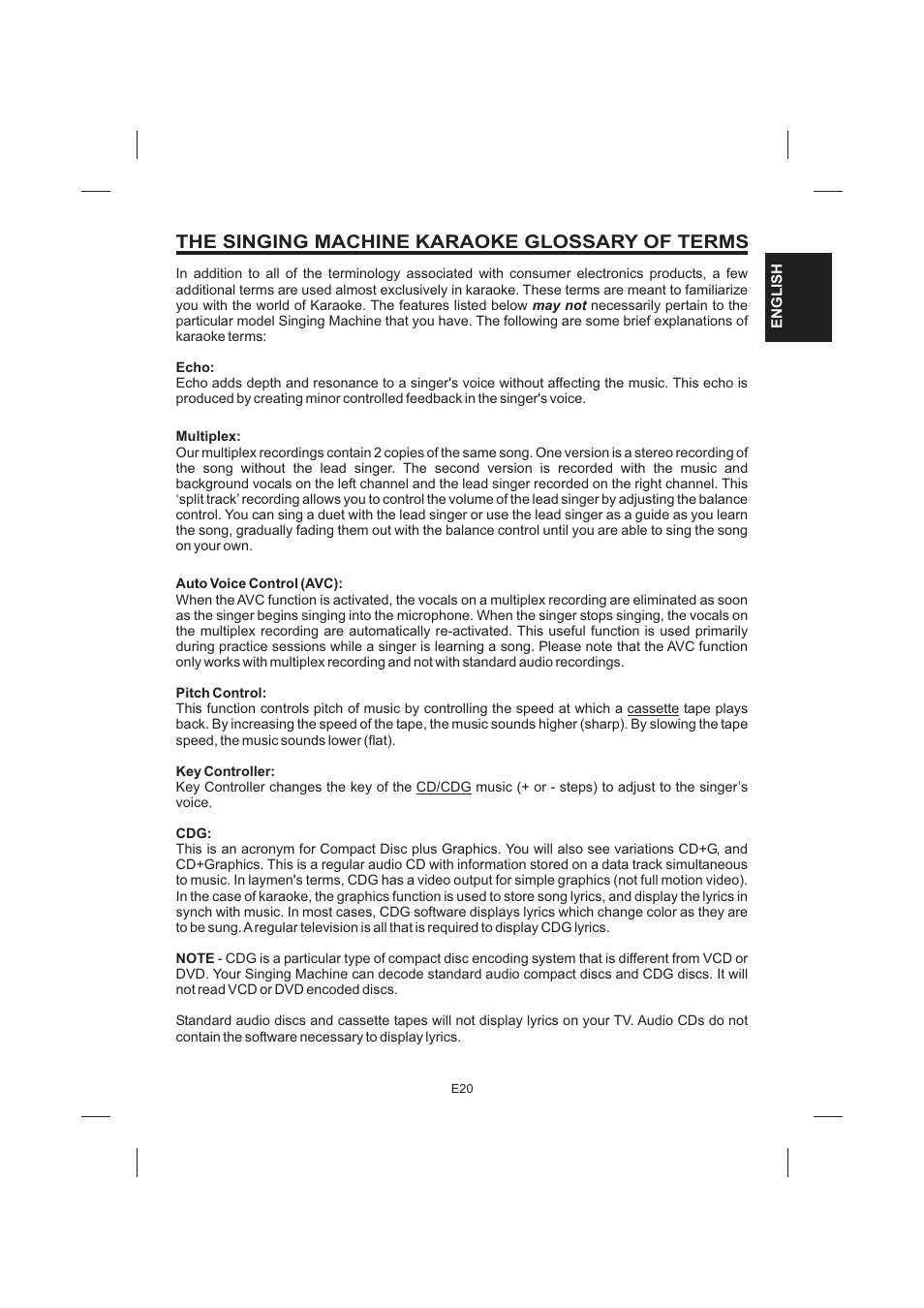 The singing machine karaoke glossary of terms | The Singing Machine STVG-535 User Manual | Page 21 / 64