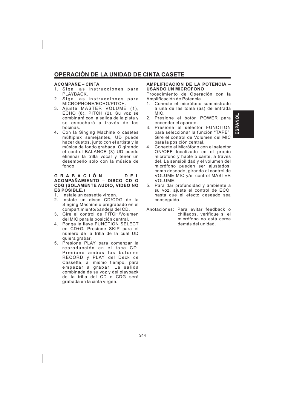 Operación de la unidad de cinta casete | The Singing Machine STVG-535 User Manual | Page 35 / 64