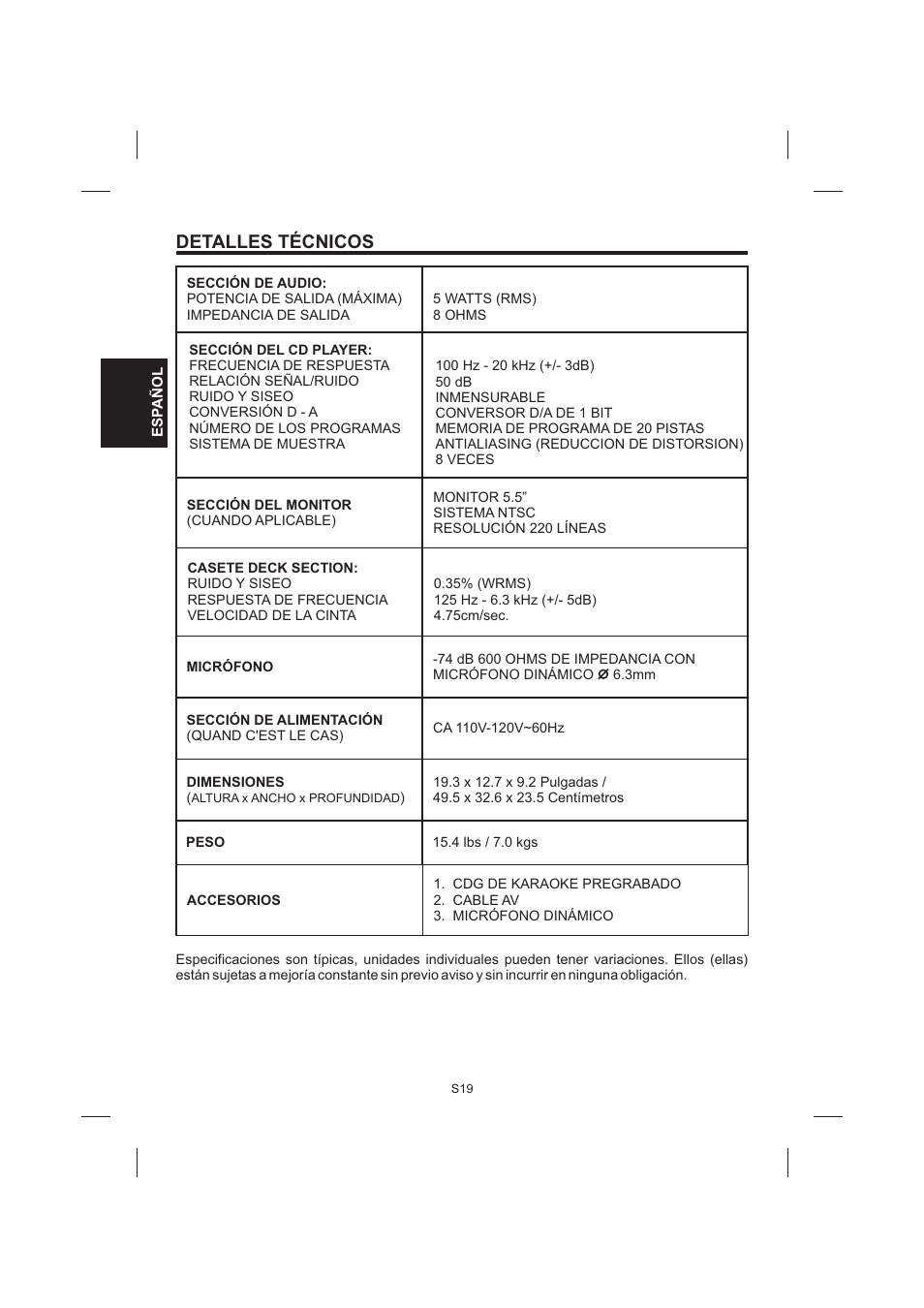 Detalles técnicos | The Singing Machine STVG-535 User Manual | Page 40 / 64