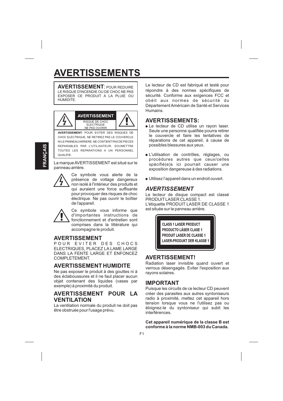 Avertissements, Avertissements: avertissement, Avertissement important | Avertissement | The Singing Machine STVG-535 User Manual | Page 42 / 64