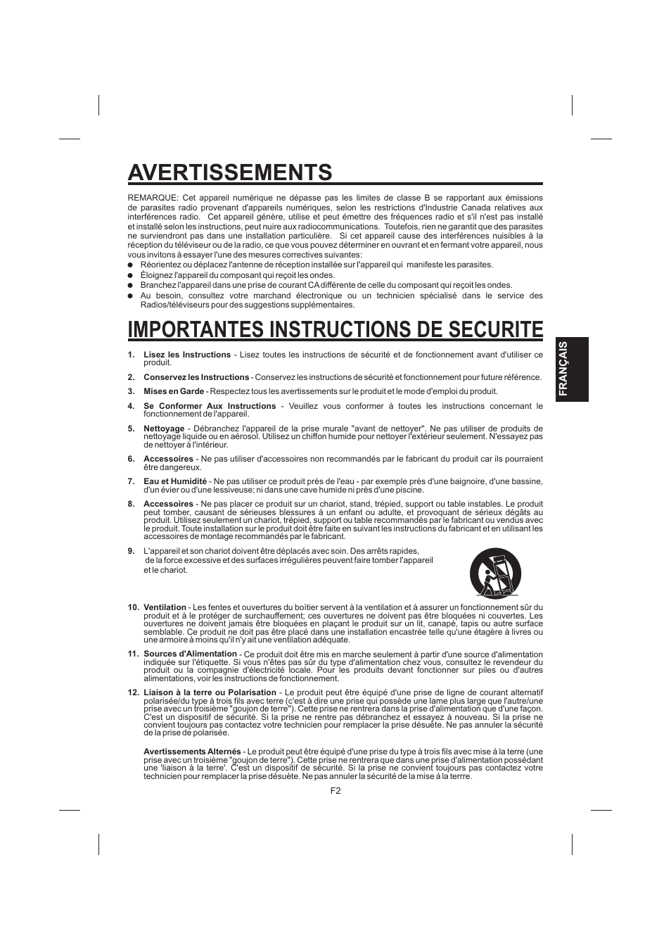 Avertissements, Importantes instructions de securite | The Singing Machine STVG-535 User Manual | Page 43 / 64