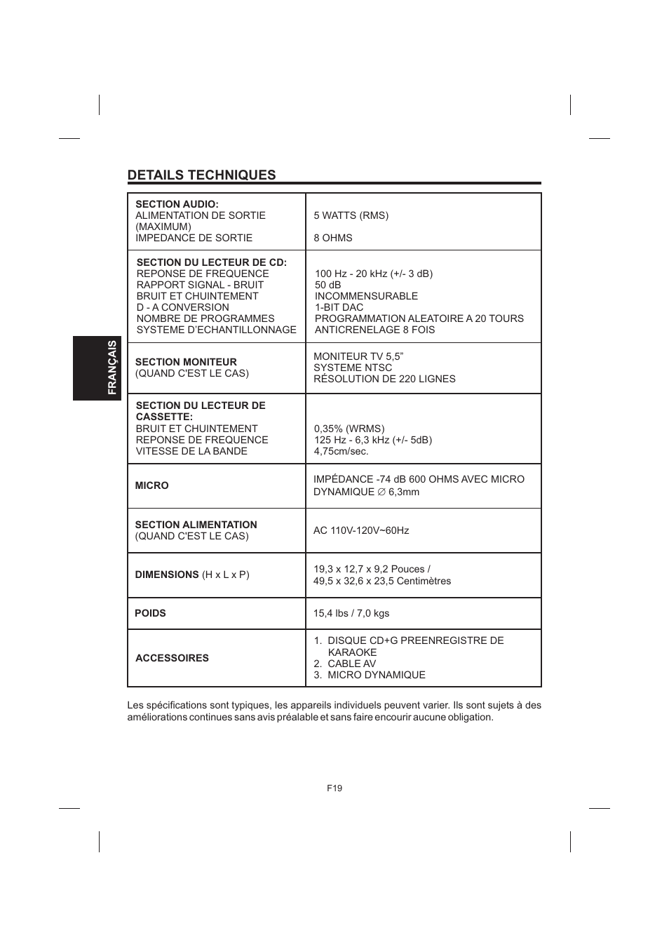 Details techniques | The Singing Machine STVG-535 User Manual | Page 60 / 64