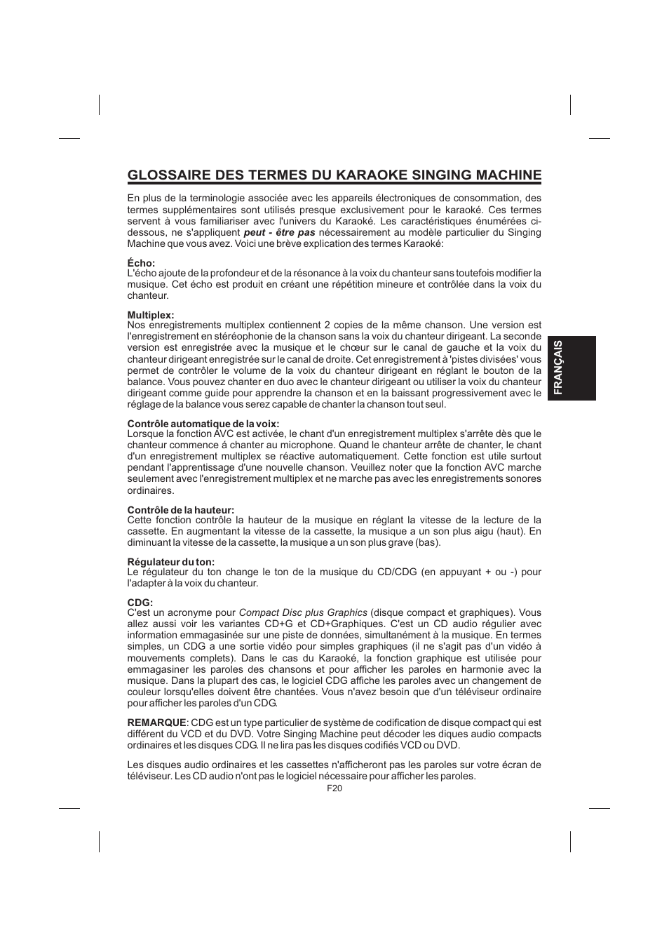 Glossaire des termes du karaoke singing machine | The Singing Machine STVG-535 User Manual | Page 61 / 64