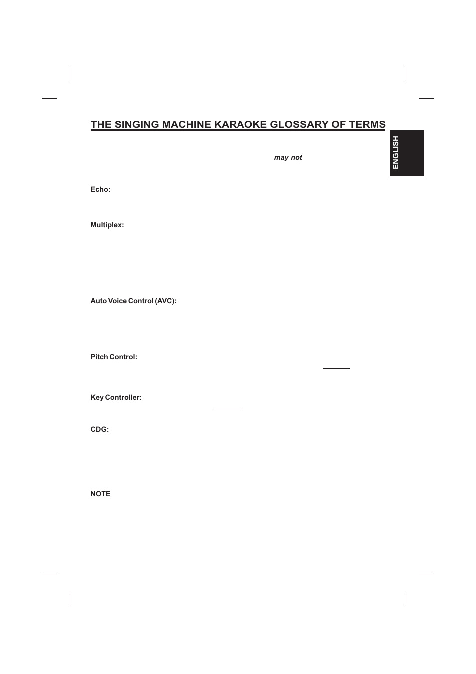 The singing machine karaoke glossary of terms | The Singing Machine SMVG-620 User Manual | Page 19 / 60