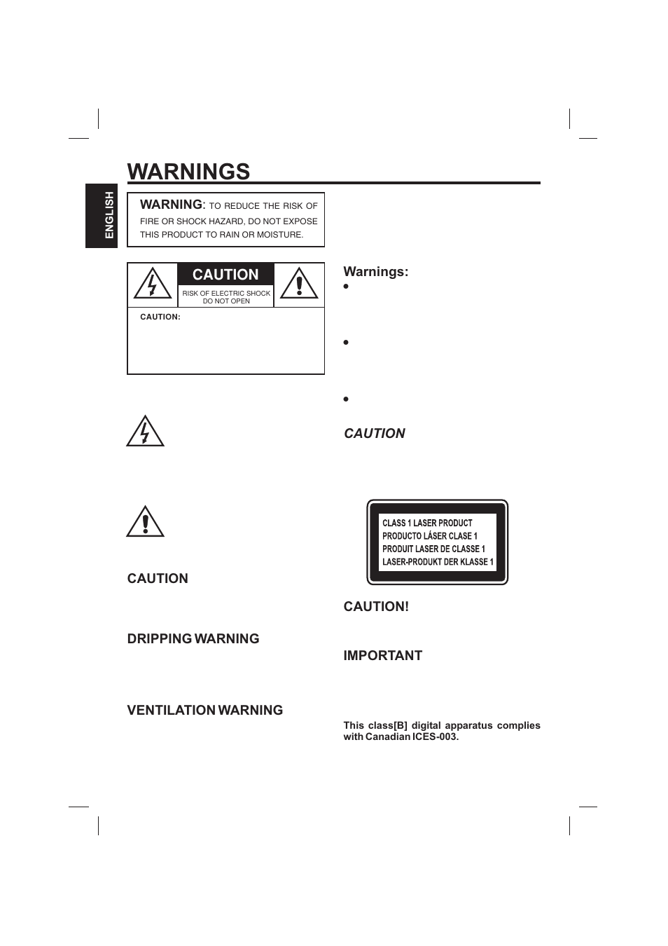 Warnings, Dripping warning ventilation warning, Caution | Warnings: caution! ! ! ! caution important | The Singing Machine SMVG-620 User Manual | Page 2 / 60