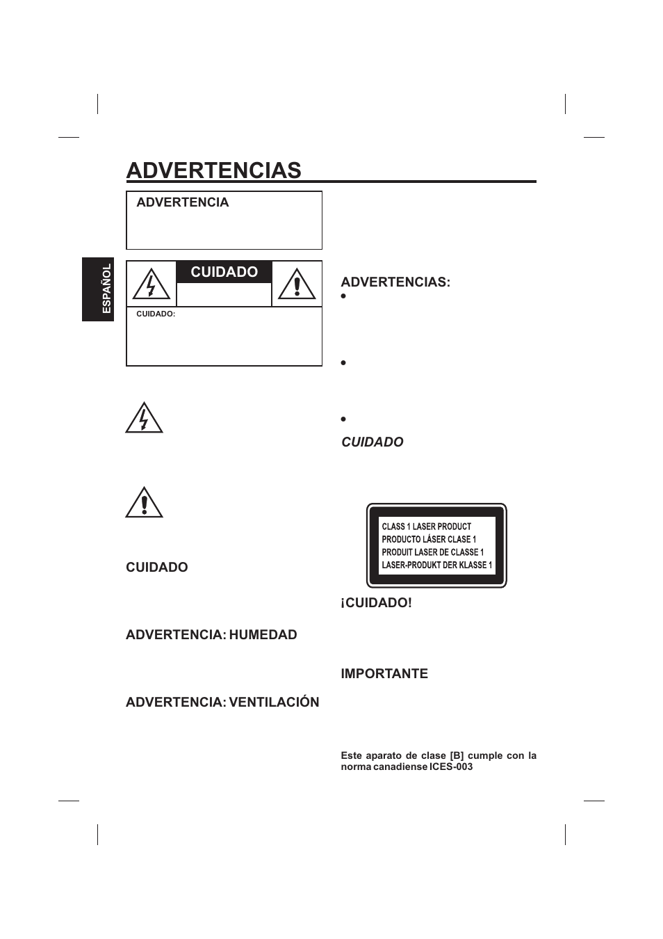 Advertencias, Cuidado, Advertencias: cuidado! importante ! ! ! cuidado | Advertencia: humedad advertencia: ventilación | The Singing Machine SMVG-620 User Manual | Page 20 / 60