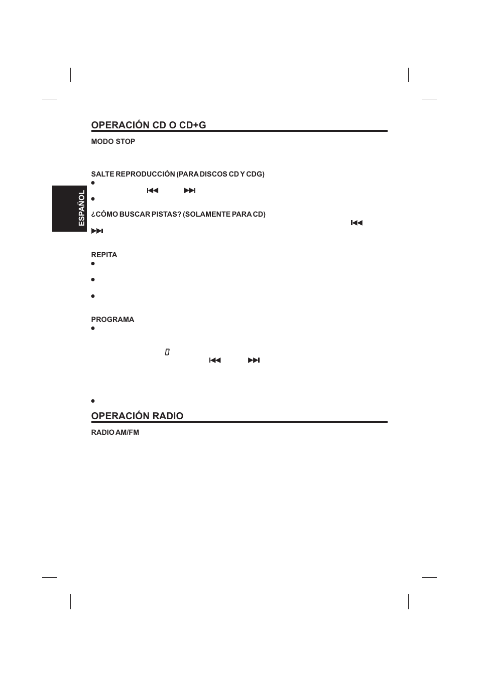 Operación cd o cd+g, Operación radio | The Singing Machine SMVG-620 User Manual | Page 32 / 60